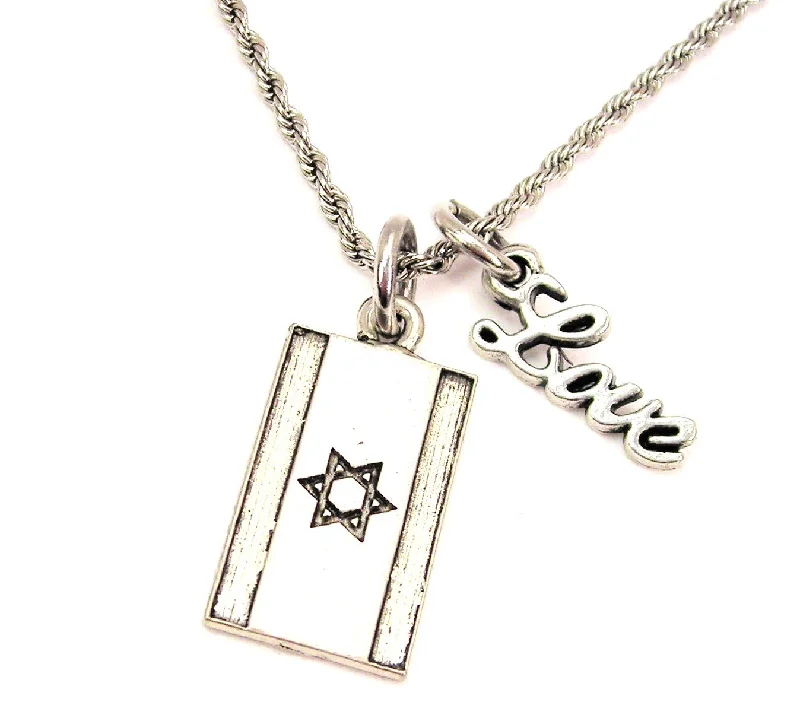 Luxury Gold Necklace-Israeli Flag 20" Chain Necklace With Cursive Love Accent