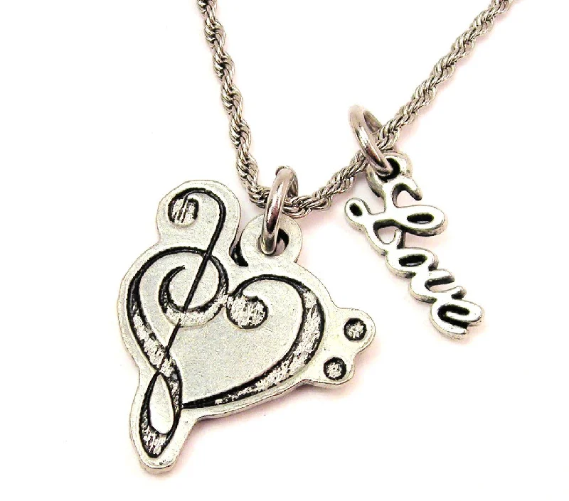 Star Pendant Necklace-Treble Clef Bass Clef Heart 20" Chain Necklace With Cursive Love Accent