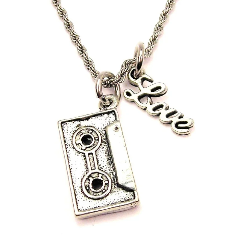 Personalized Pendant Necklace-Retro Cassette Tape 20" Chain Necklace With Cursive Love Accent