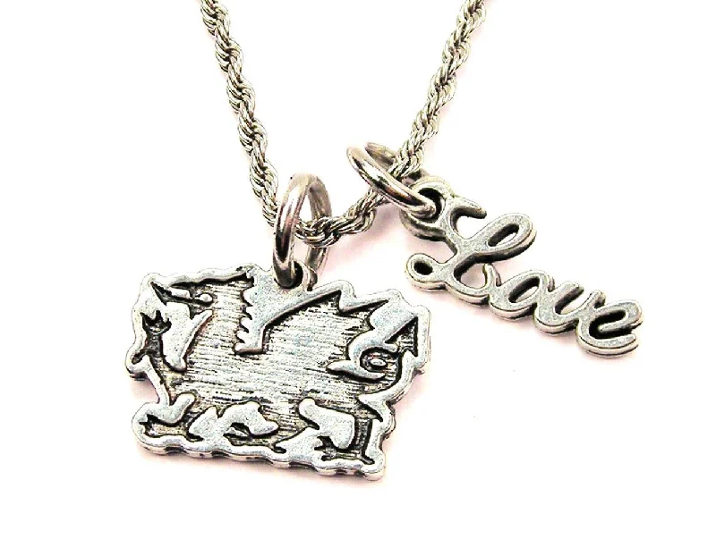 Wedding Necklace for Bride-Welsh Dragon 20" Chain Necklace With Cursive Love Accent