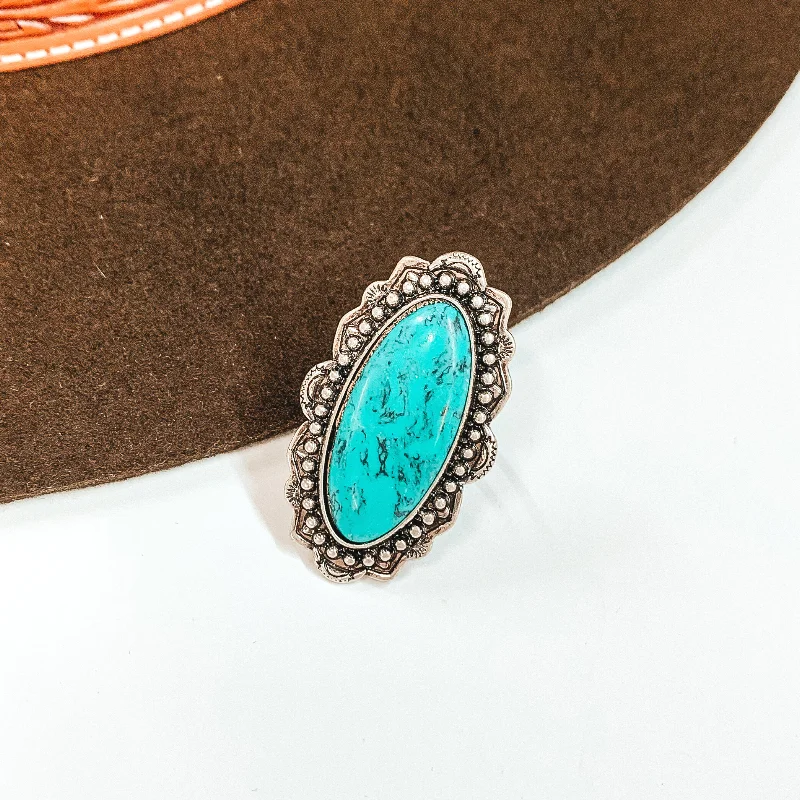 Stylish Gold Ring-Oval Stone with Silver Tone Detailing Cuff Ring in Turquoise