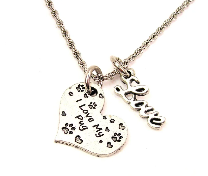 Gold Necklace for Party-I Love My Pug 20" Chain Necklace With Cursive Love Accent