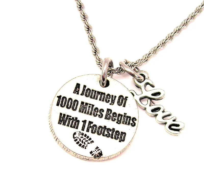 Sterling Silver Pendant Necklace-A Journey Of 1000 Miles Begins With 1 Footstep 20" Chain Necklace With Cursive Love Accent