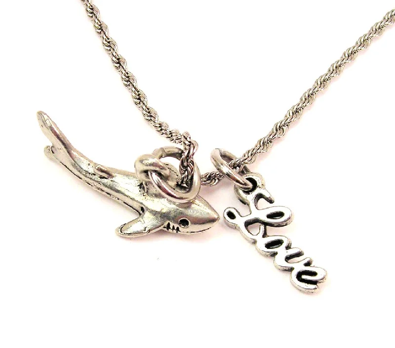 Artistic Statement Necklace-Side View Shark 20" Chain Necklace With Cursive Love Accent