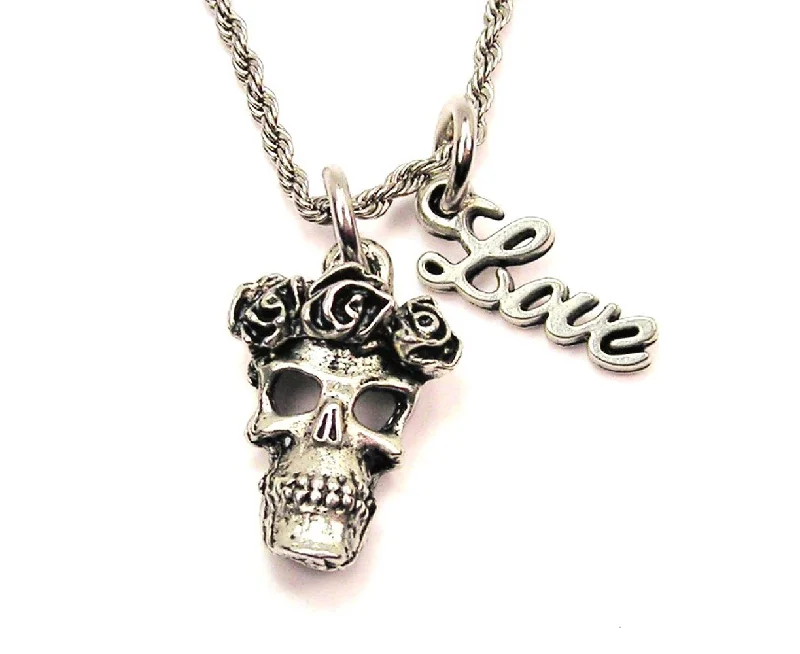 Beaded Necklace for Women-Skull With Roses 20" Chain Necklace With Cursive Love Accent