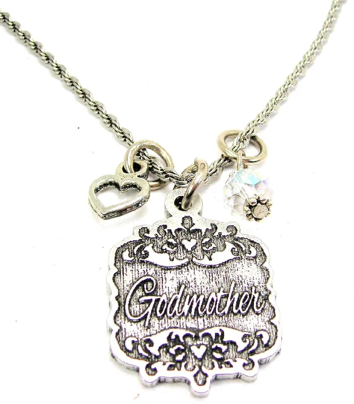 Vintage Silver Necklace-Godmother Victorian Scroll With With Open Heart And Crystal 20" Stainless Steel Rope Necklace