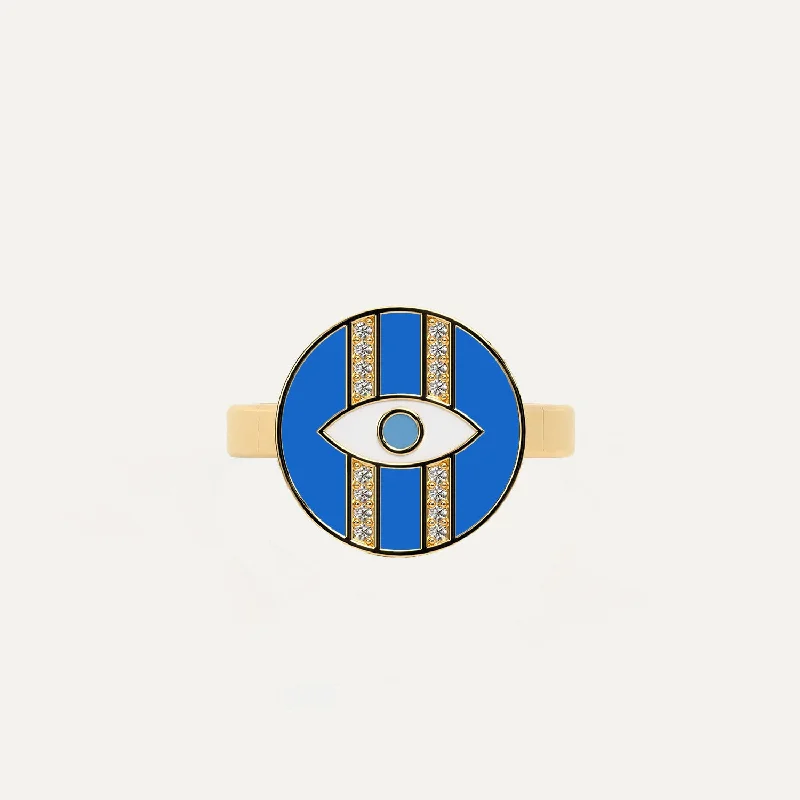 Blue Topaz Ring-Guardian Diamond Double-Stripe Evil Eye Ring