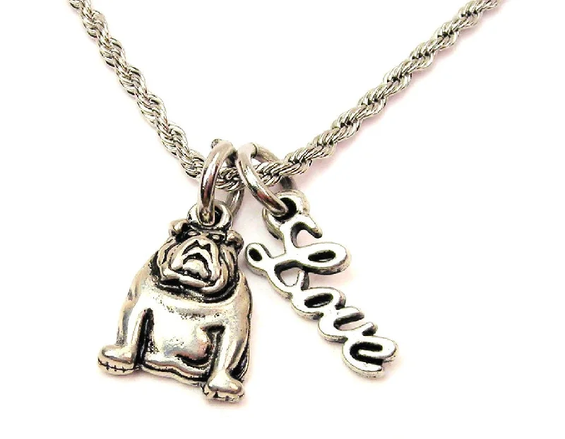 Designer Necklace for Women-Sitting Bulldog 20" Chain Necklace With Cursive Love Accent