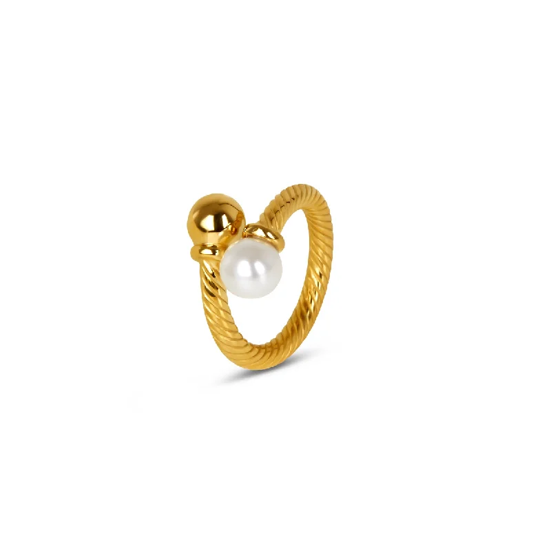 Wedding Ring with Yellow Diamonds-Pearl Ball Twisted Ring - Gold