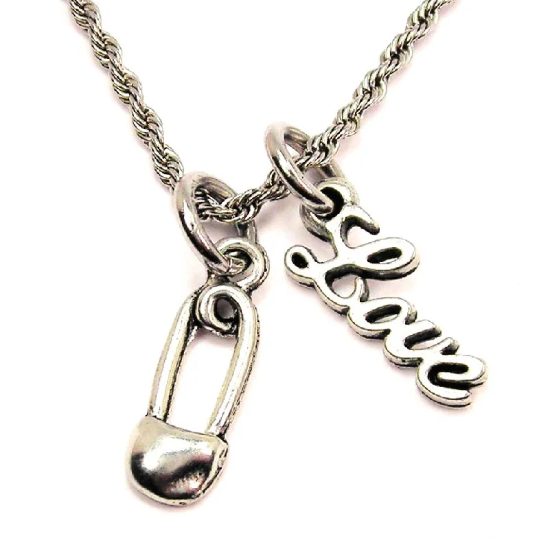 Adjustable Chain Necklace-Safety Pin 20" Chain Necklace With Cursive Love Accent