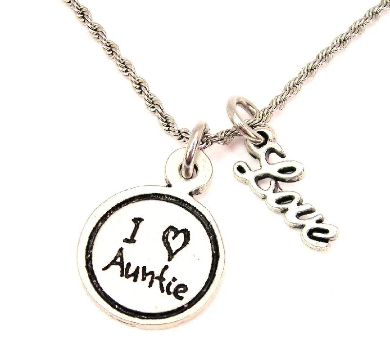 Red Stone Necklace-I Love Auntie Child Handwriting 20" Chain Necklace With Cursive Love Accent