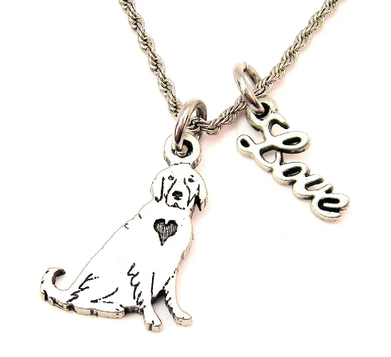 Designer Diamond Necklace-Sitting Golden Retriever 20" Chain Necklace With Cursive Love Accent