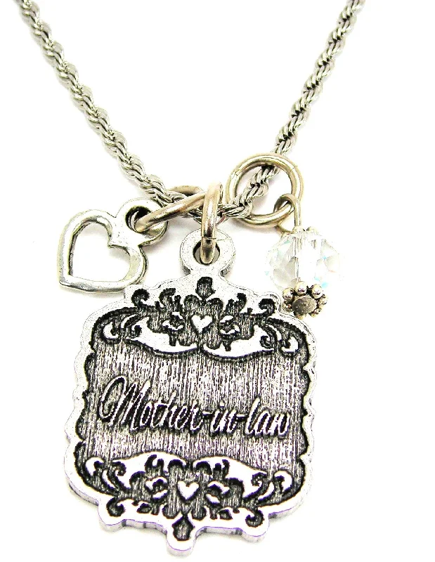 Personalized Silver Necklace-Mother-In-Law Victorian Scroll With With Open Heart And Crystal 20" Stainless Steel Rope Necklace