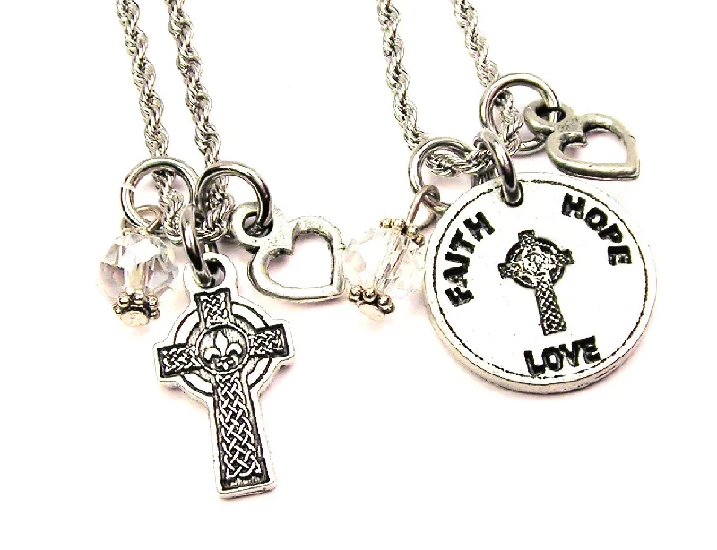 Silver Necklace with Charms-Celtic Faith Religion Cross Set Of 2 Rope Chain Necklaces