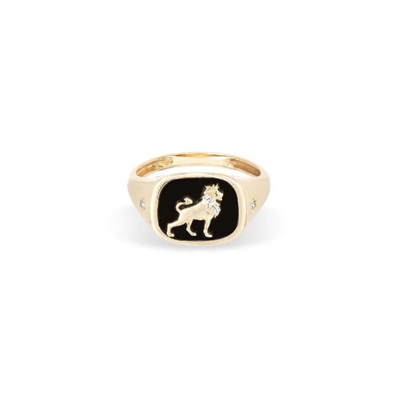 Rose Gold Wedding Band-Zodiac Ceramic + Diamond Leo Signet Ring