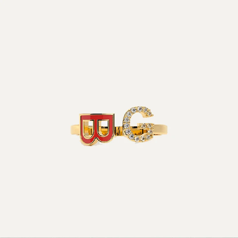 Gold Ring with Diamonds-Customized Dual Initial Ring Enamel & Diamond