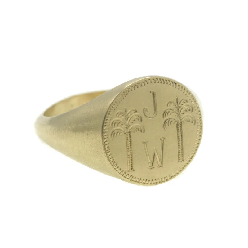 Elegant Wedding Ring Set-Custom Palm Tree Engraved Signet Ring