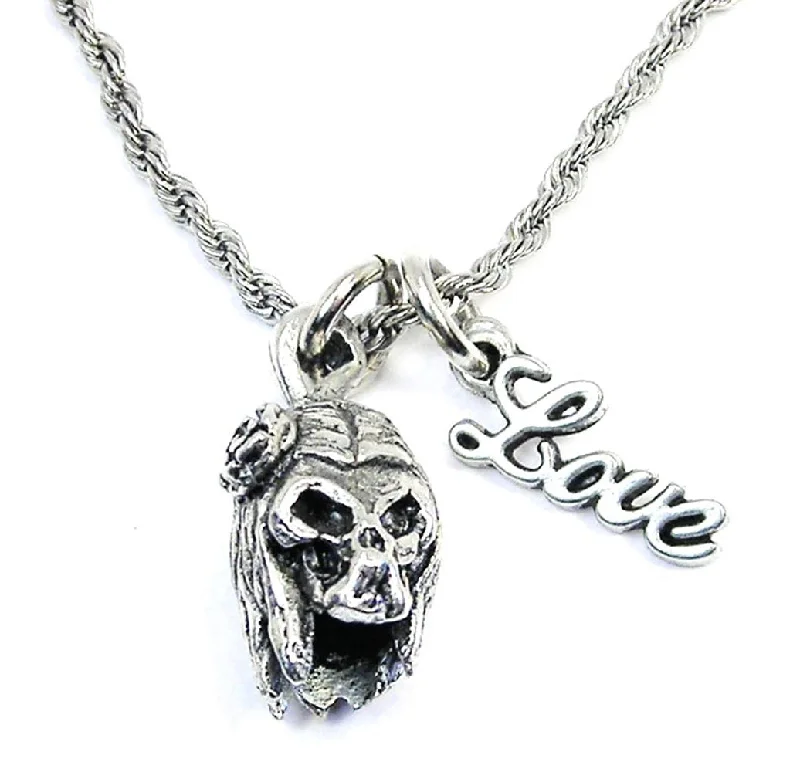 Adjustable Necklace-Day Of The Dead Female Skull With Long Hair And A Rose 20" Rope Necklace With Love