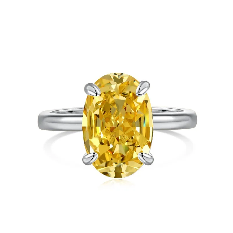 Stackable Rings for Women-Solitaire Oval Citrine Yellow Diamond Ring in Sterling Silver