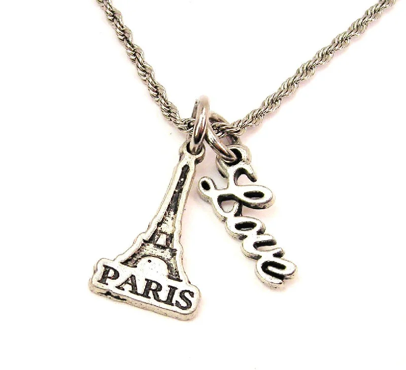 Large Stone Necklace-Paris With Eiffel Tower 20" Chain Necklace With Cursive Love Accent