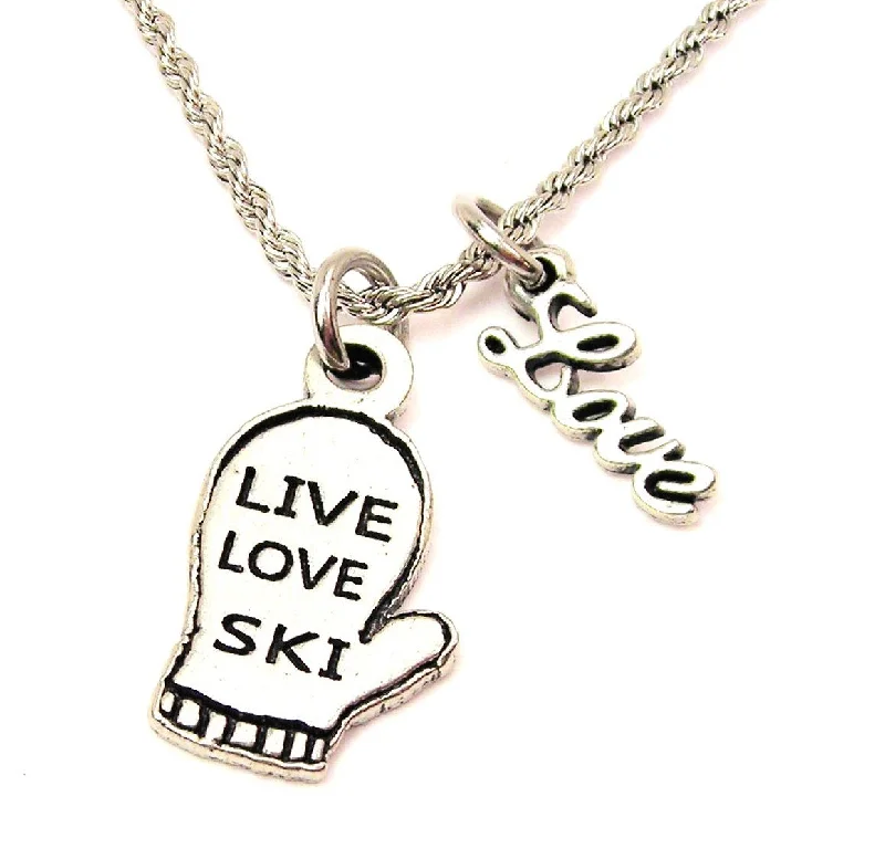 Pearl Necklace for Bride-Live Love Ski Mitten 20" Chain Necklace With Cursive Love Accent