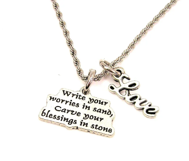 Geometric Pendant Necklace-Write Your Worries In Sand Carve Your Blessings In Stone 20" Chain Necklace With Cursive Love Accent