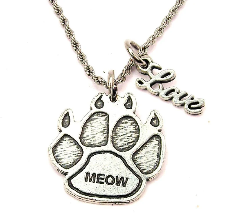 Simple Gold Pendant Necklace-Meow Paw Print 20" Chain Necklace With Cursive Love Accent