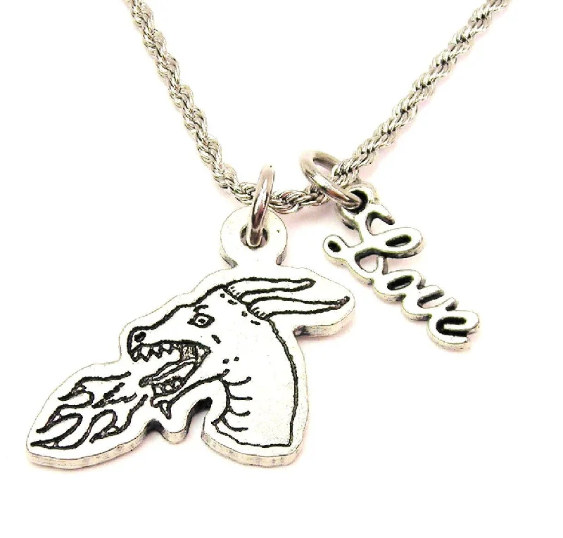 Layered Gold Necklace-Fire Breathing Dragon 20" Chain Necklace With Cursive Love Accent