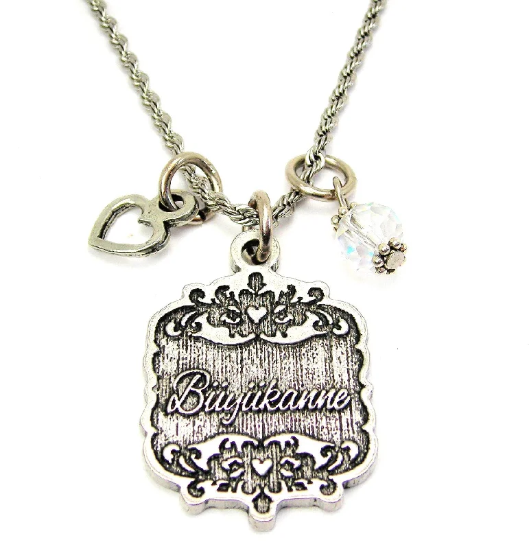 Beaded Necklace with Charms-Buyukanne Victorian Scroll With Open Heart And Crystal 20" Stainless Steel Rope Necklace