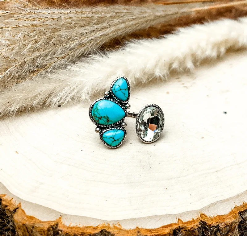 Women’s Stackable Rings-Duo Finger Ring With Multiple Turquoise Blue Stones and a Clear Crystal