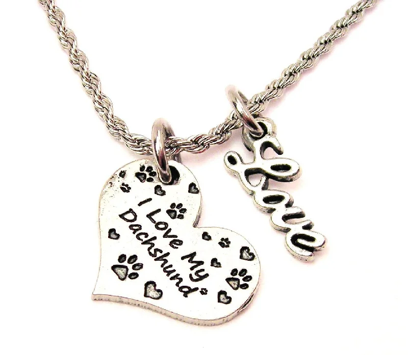 Adjustable Pearl Necklace-I Love My Dachshund 20" Chain Necklace With Cursive Love Accent