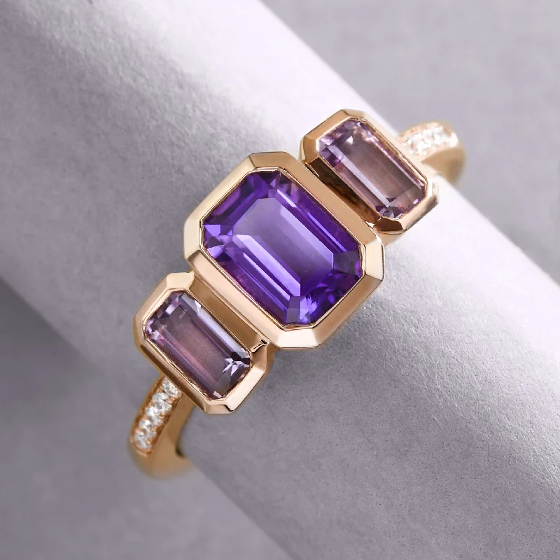 Luxury Diamond Engagement Ring-Triple Amethyst Ring In Rose Gold