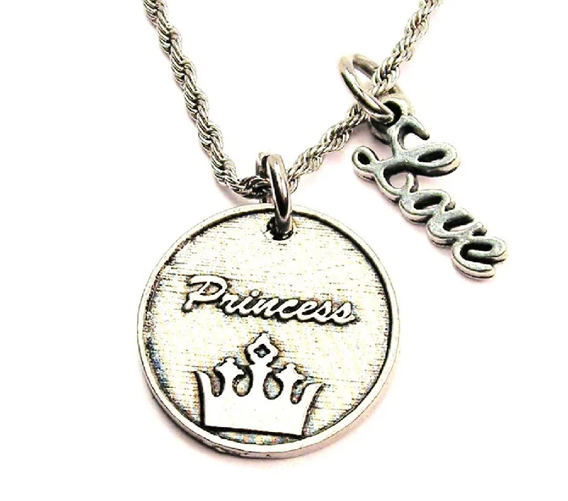 Luxury Wedding Necklace-Princess With Crown 20" Chain Necklace With Cursive Love Accent