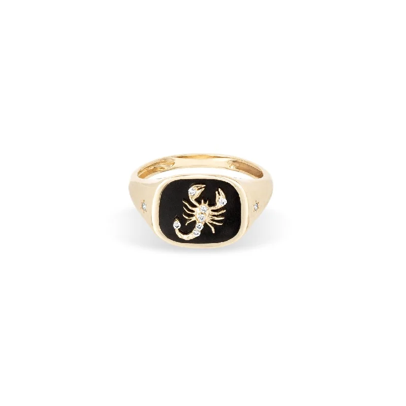 Silver Ring for Men-Zodiac Ceramic + Diamond Scorpio Signet Ring