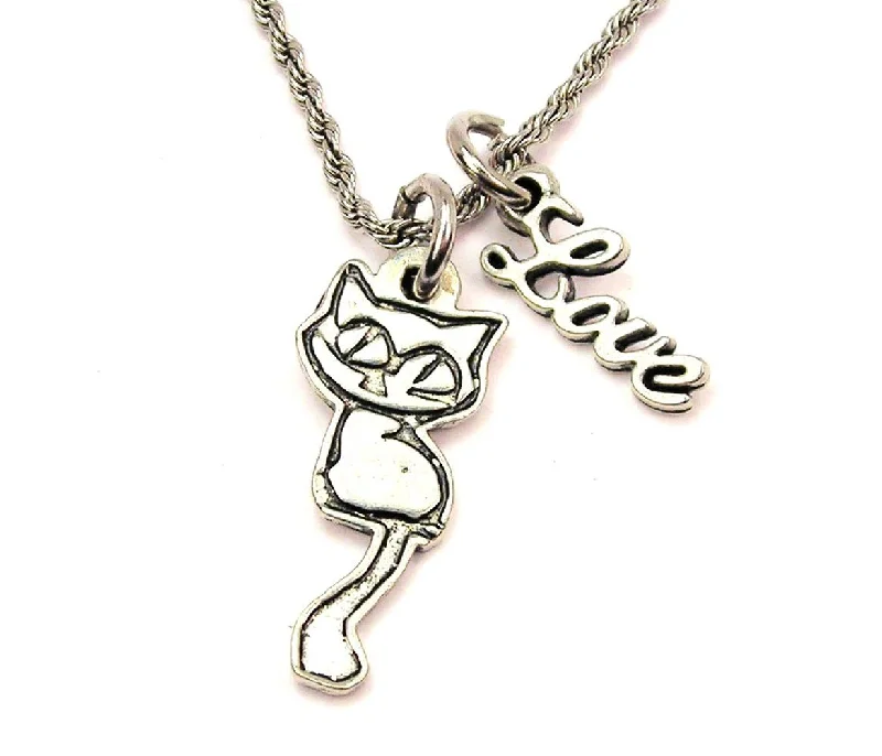 Long Necklace for Party-Big Eyed Cat 20" Chain Necklace With Cursive Love Accent