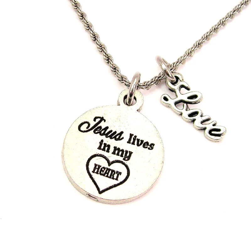 Sterling Silver Pendant Necklace-Jesus Lives In My Heart 20" Chain Necklace With Cursive Love Accent