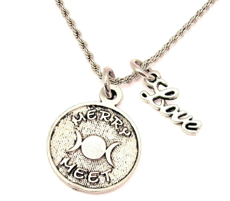 Thin Silver Necklace-Merry Meet With Triple Moon 20" Chain Necklace With Cursive Love Accent