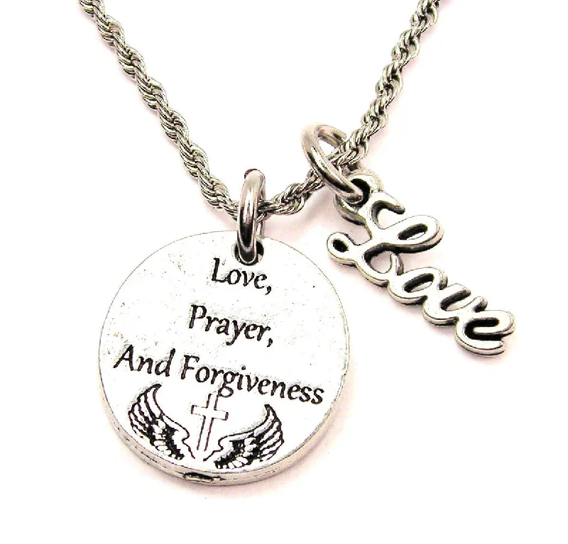 Silver Infinity Necklace-Love, Prayer, And Forgiveness 20" Chain Necklace With Cursive Love Accent