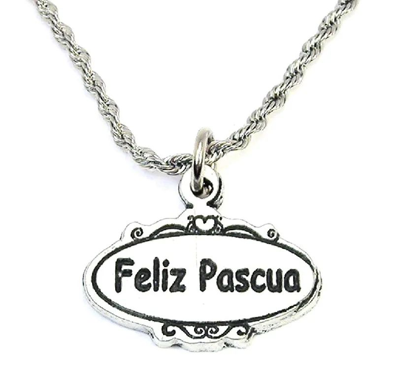 Fashionable Name Necklace-Feliz Pascua Scrolled Oval Plaque Single Charm Necklace