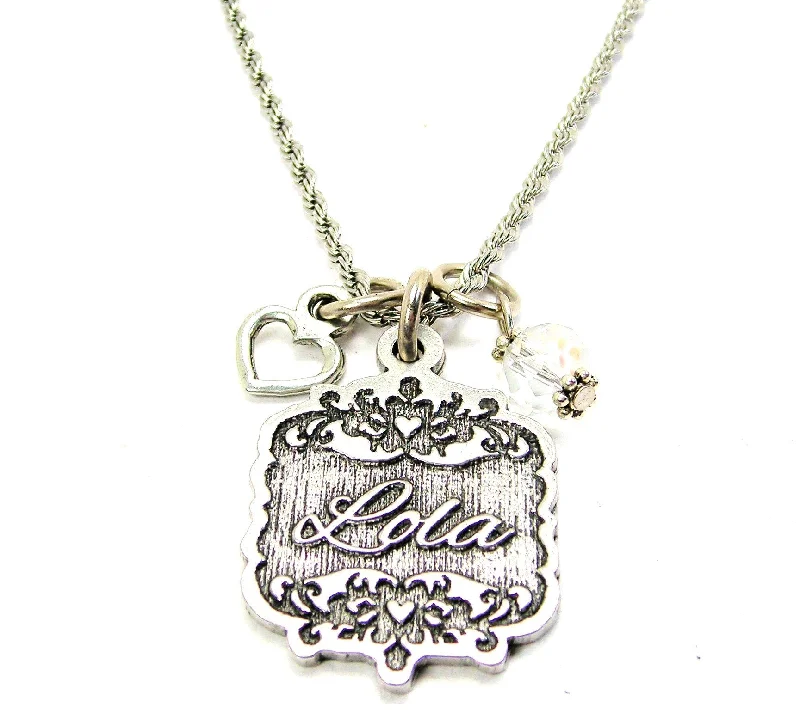 Wedding Necklace for Bride-Lola Victorian Scroll With With Open Heart And Crystal 20" Stainless Steel Rope Necklace