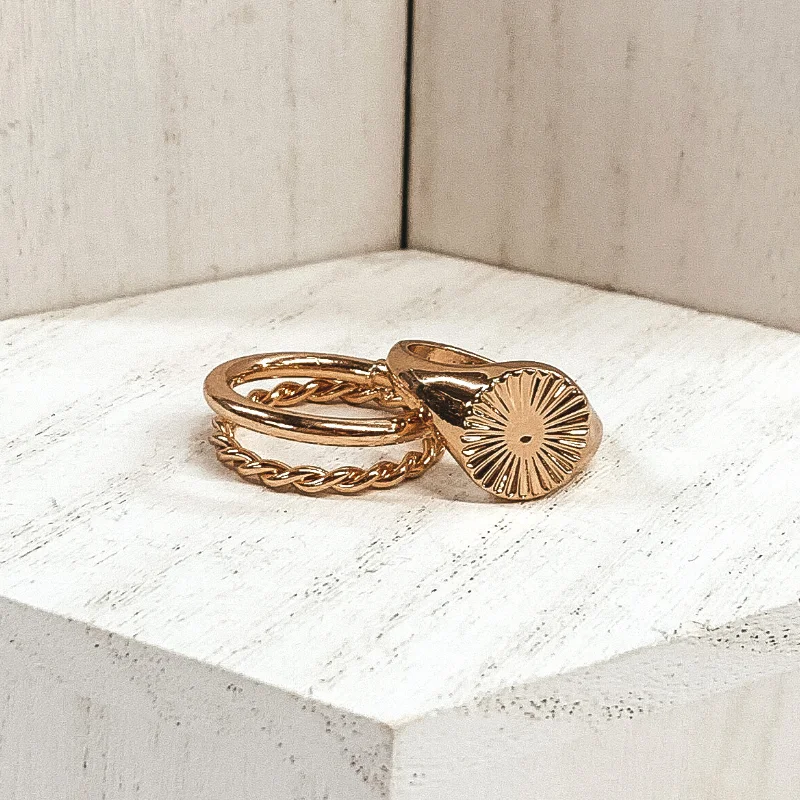 Classic Gold Wedding Ring-Set of 2 | Rounded Sunburst Ring Set in Gold Tone