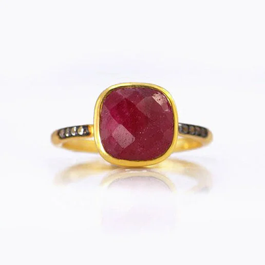 Women’s Designer Engagement Ring-Ruby Pave Cushion Bezel Set Stacking Ring: July Birthstone