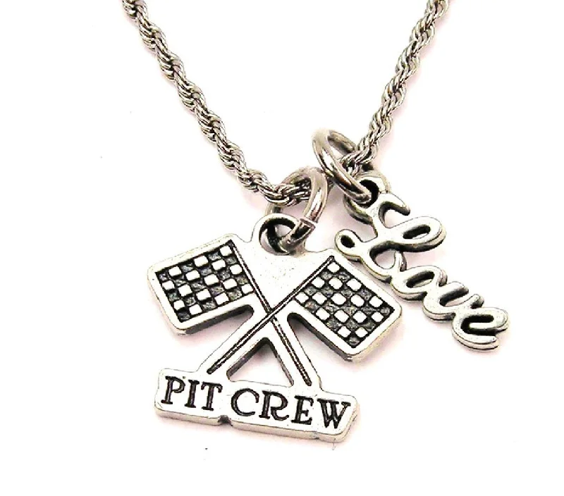 Custom Name Necklace for Gift-Pit Crew With Flags 20" Chain Necklace With Cursive Love Accent