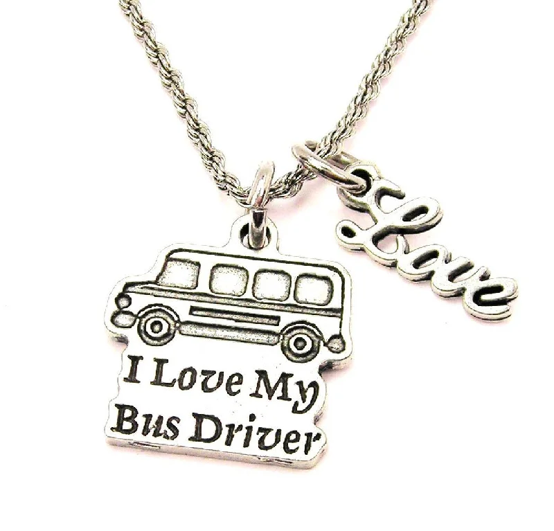 Vintage Chain Necklace-I Love My Bus Driver 20" Chain Necklace With Cursive Love Accent