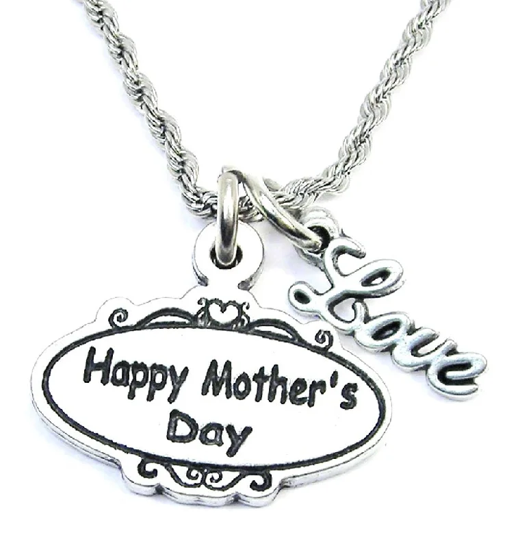 Trendy Long Necklace-Happy Mother's Day Scrolled Oval Plaque 20" Rope Necklace With Love