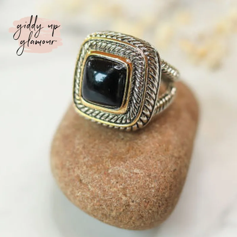 Large Emerald Ring-Large Two Toned Ring with Black Stone