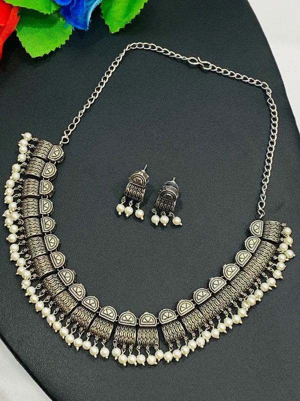 Chunky Gold Necklace-Unique Tribal Style Handmade Ethnic Silver Plated Oxidized Necklace Set With Earrings And Pearl Beads