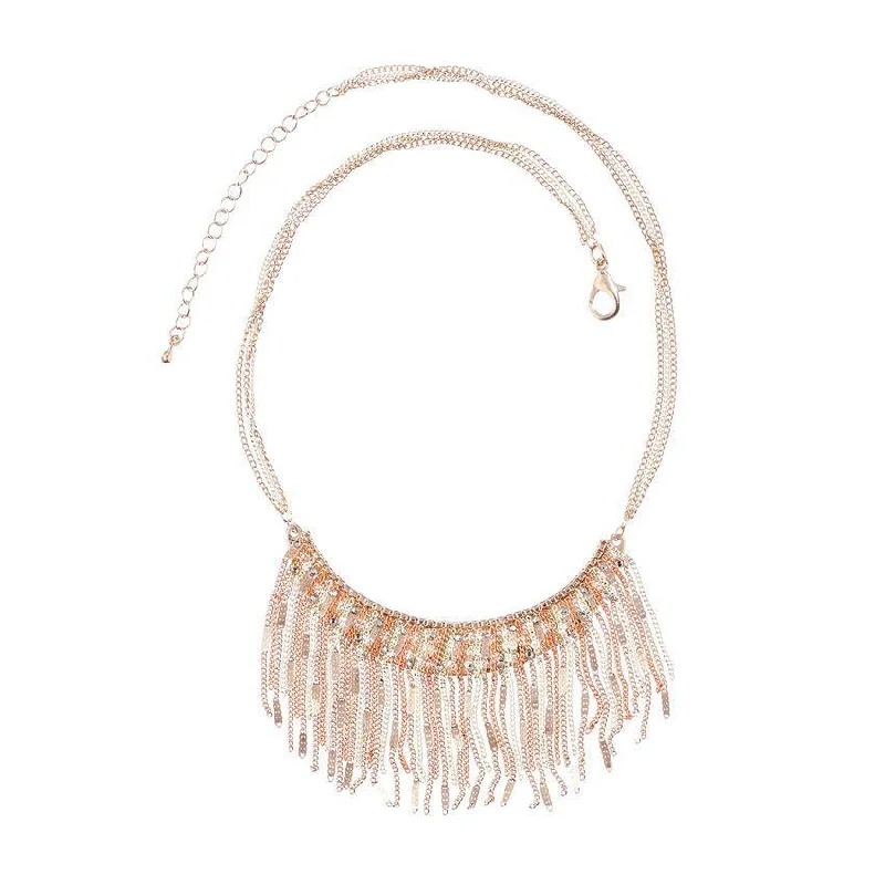 Bold Statement Necklace-TGB Metallic Fringe Necklace - Brown/Gold