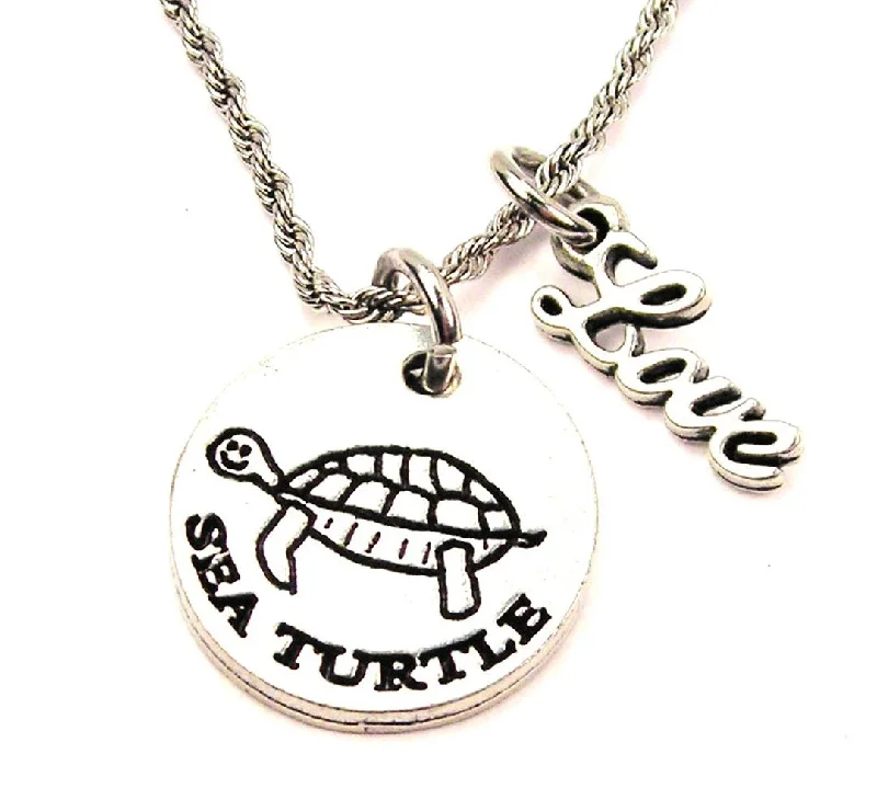 Long Pendant Necklace-Sea Turtle 20" Chain Necklace With Cursive Love Accent