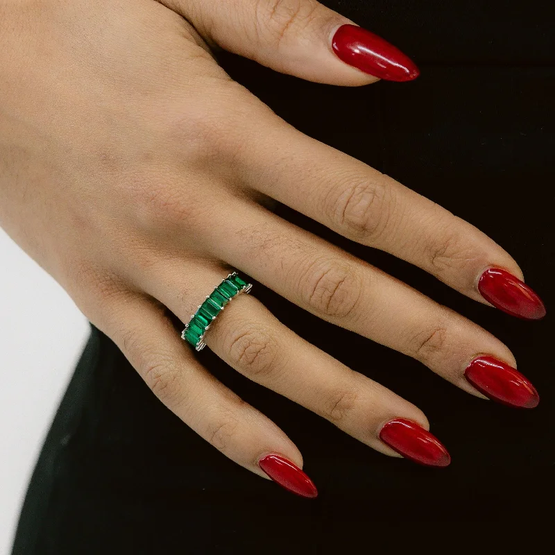 Diamond Ring for Women-Emerald Baguette Silver Ring